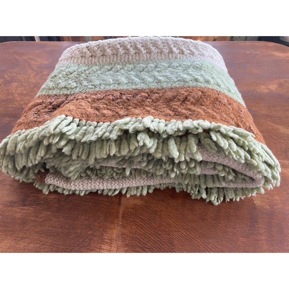 Vintage 70s Hand-Crocheted Afghan Throw Blanket | Sage, Rust & Cream | 60"x 52"